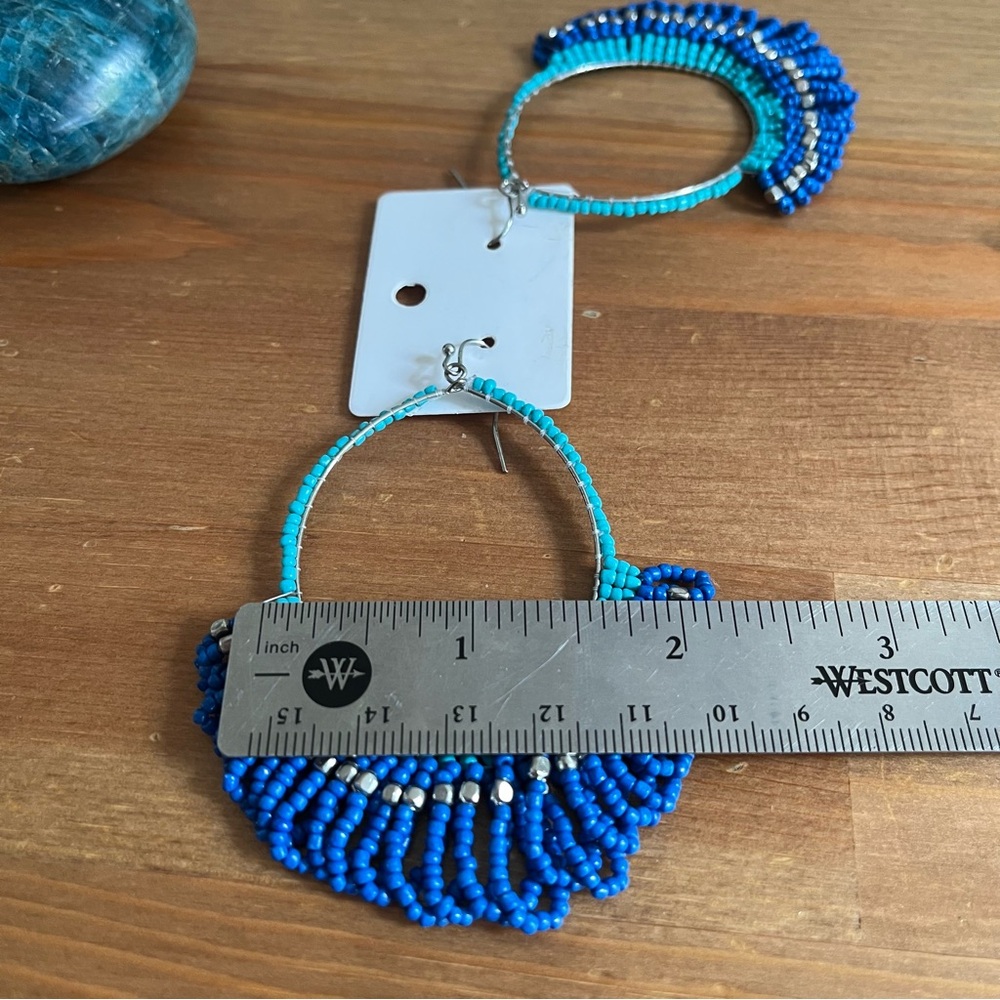 Boho Style Turquoise & Cobalt Beaded Dangle Hoop Earrings - Women Jewelry - Picture 5 of 5